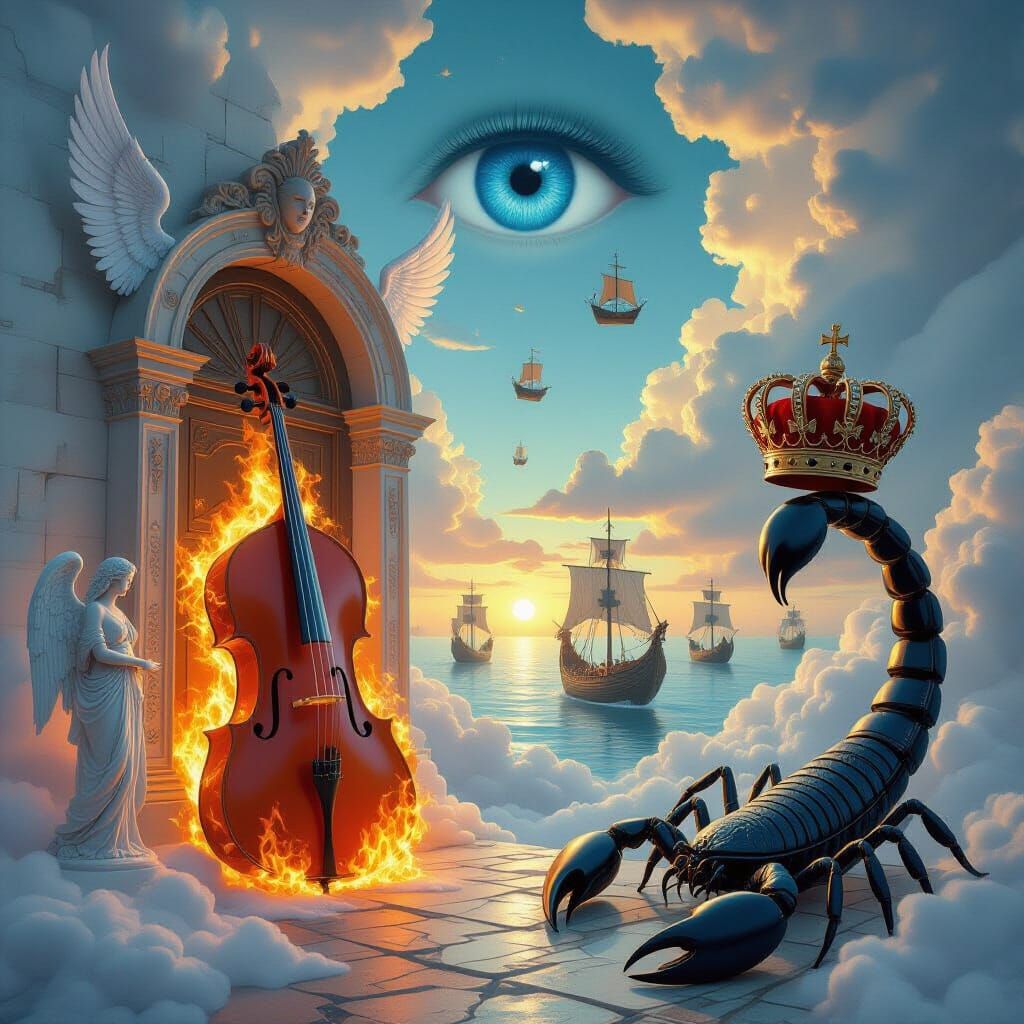 Surreal Flaming Cello with Steampunk Doorway and Melting Cro...