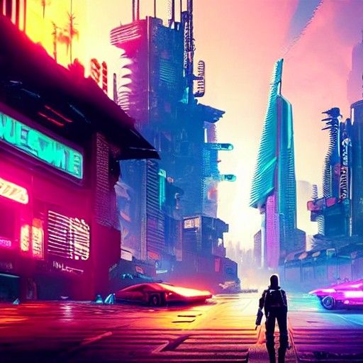 Cyberpunk Robot Cat in Ruined Neon City