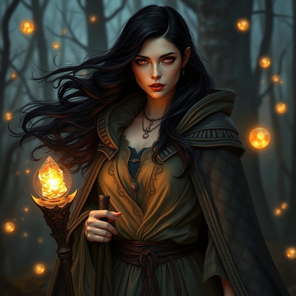 Mystical Forest Sorceress Portrait in a Detailed Fantasy Sty...