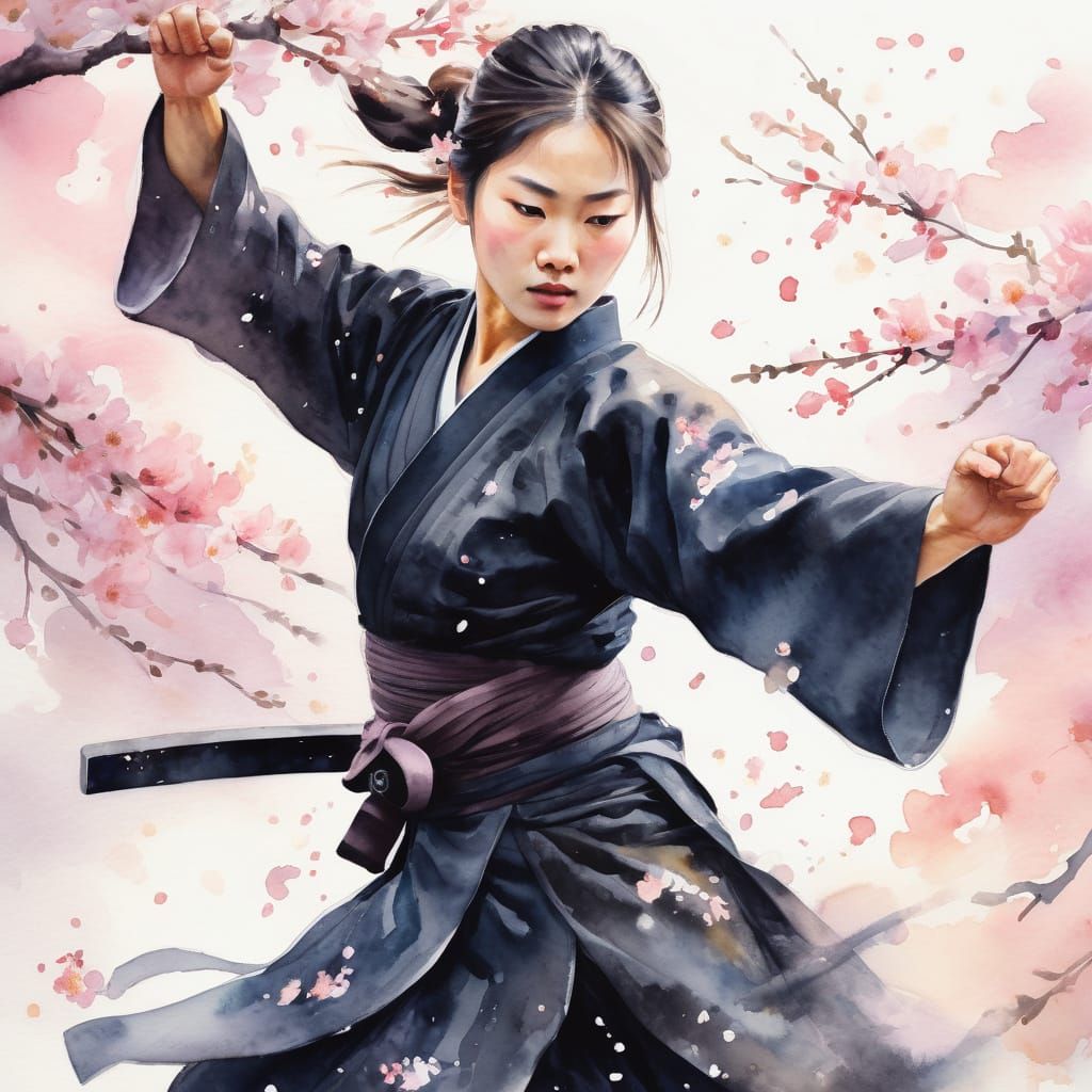 Watercolor Ninja Martial Artist in Sakura Wind