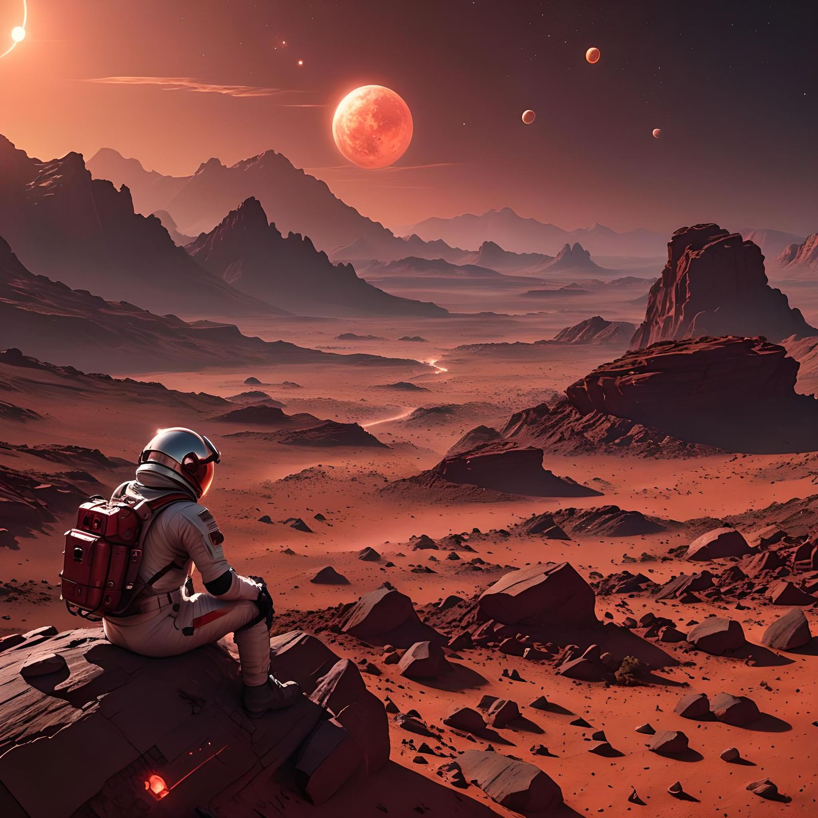 Astronaut Watches Red Sunset on Mars