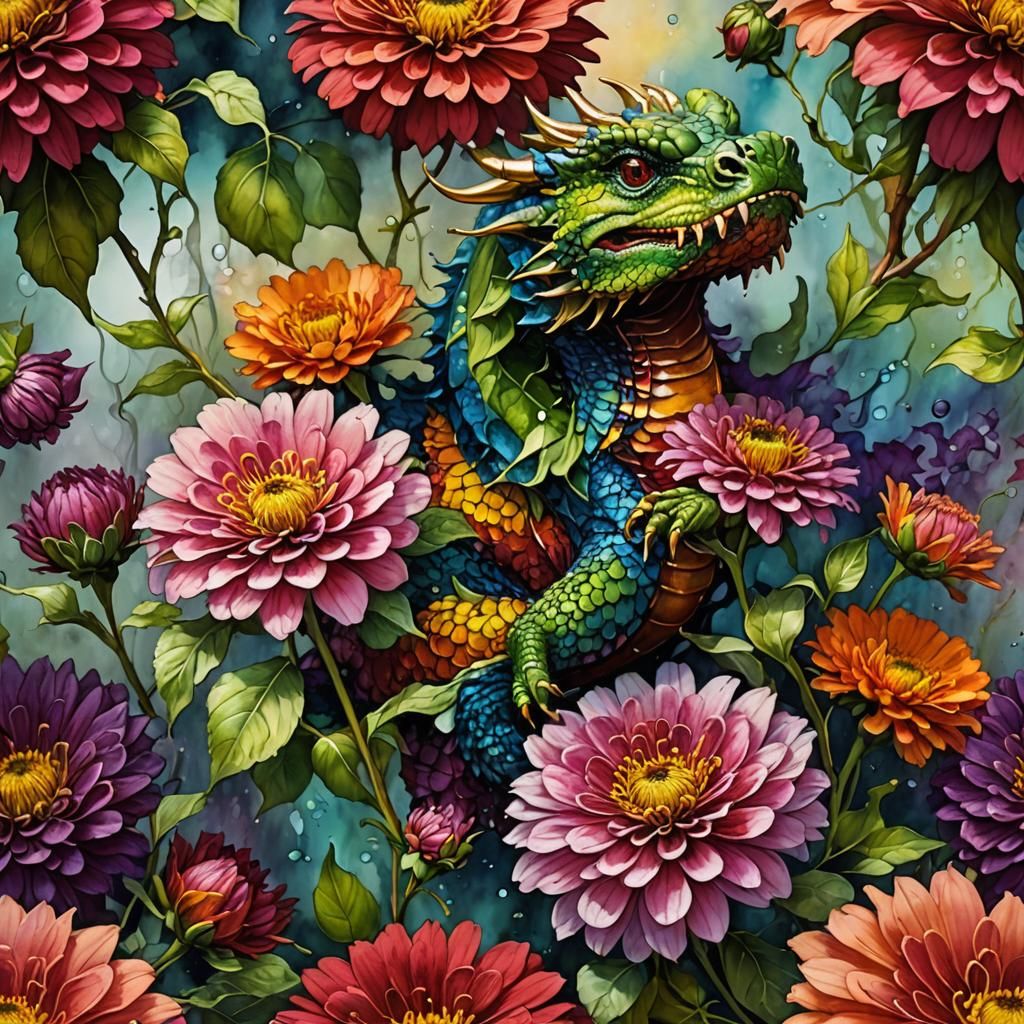 Zinnias and Dragon in Alcohol Ink Style