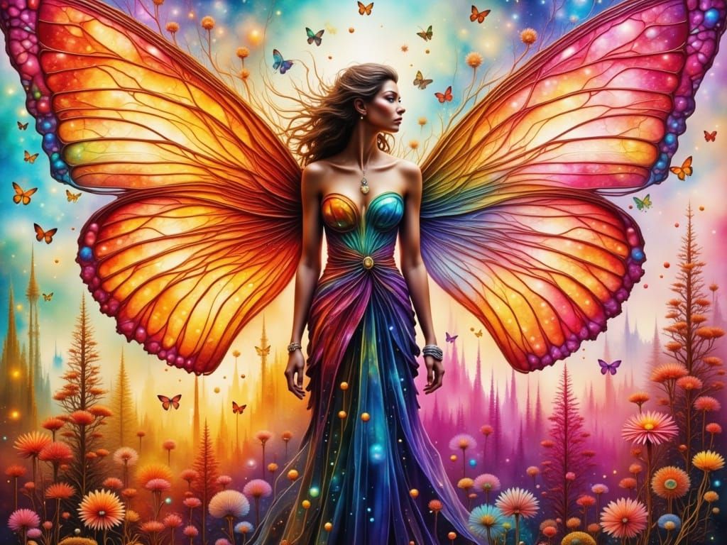 Fairy and Cat in Mystical Pink and Orange Landscape