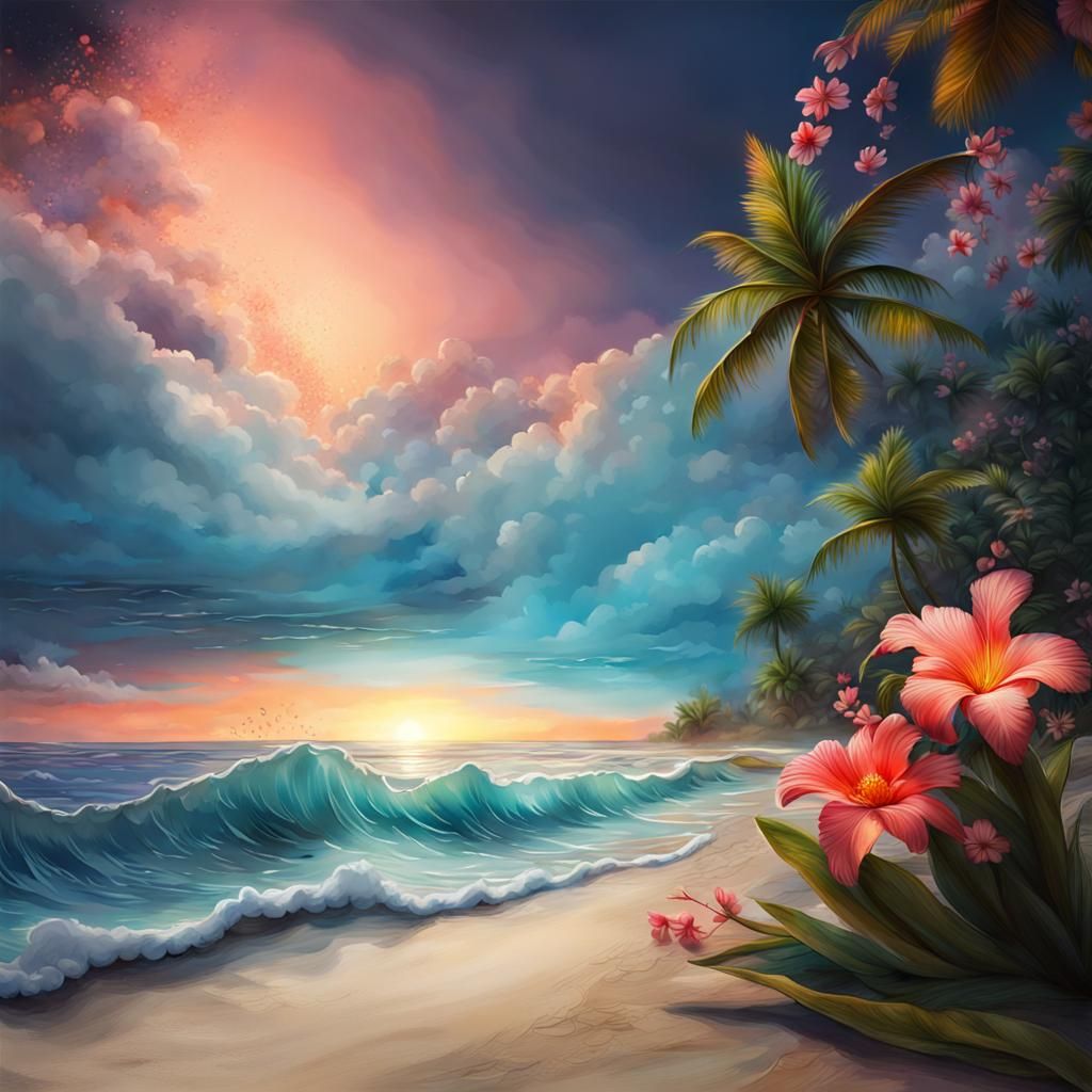 Tropical Beach Scene in Watercolor Style