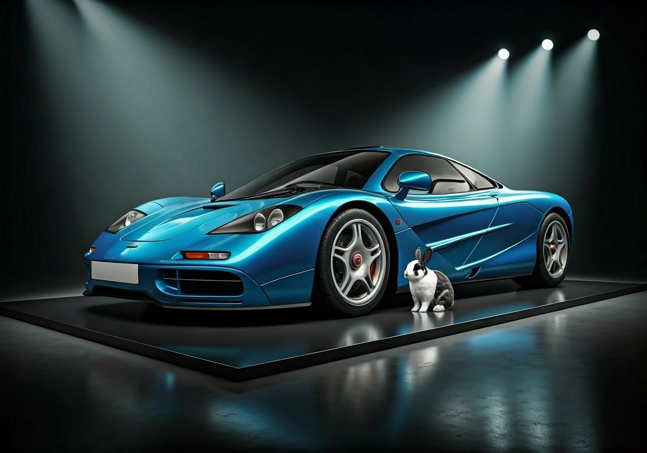 McLaren F1 Display with Rabbit, Hyperrealistic Style
