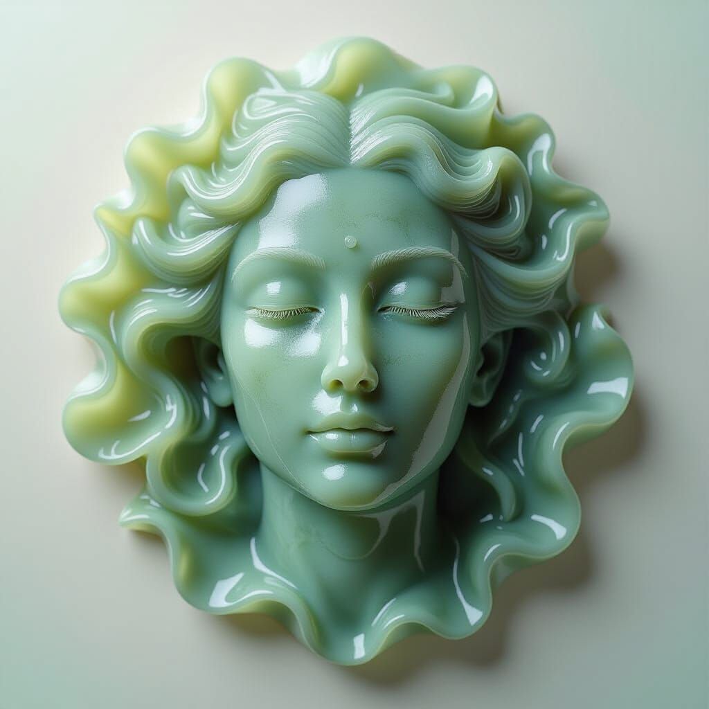 Surreal Jade Portrait with Refracted Thoughtwave Geometry