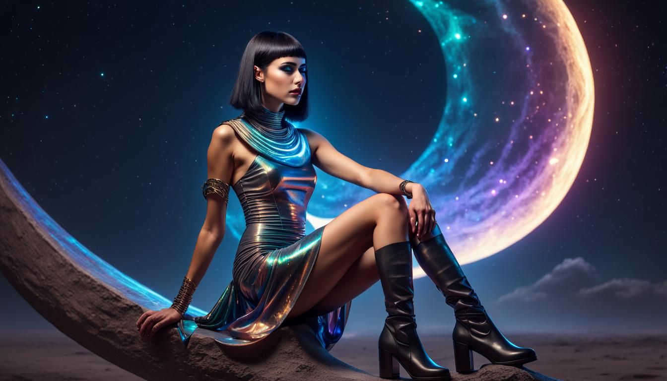 Woman on Moon with Holographic Dress in Digital Art