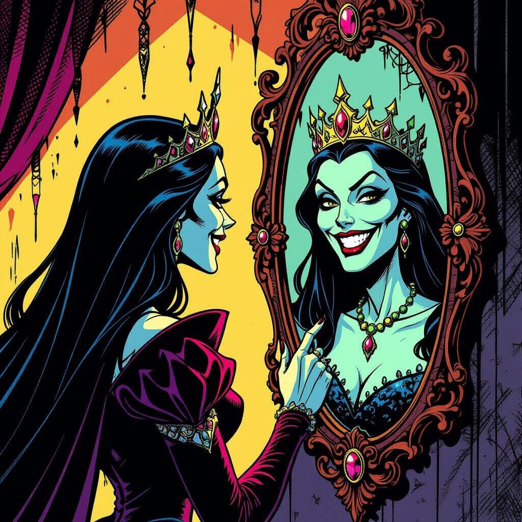 Evil Queen Gazes into Ornate Mirror in Comic Style
