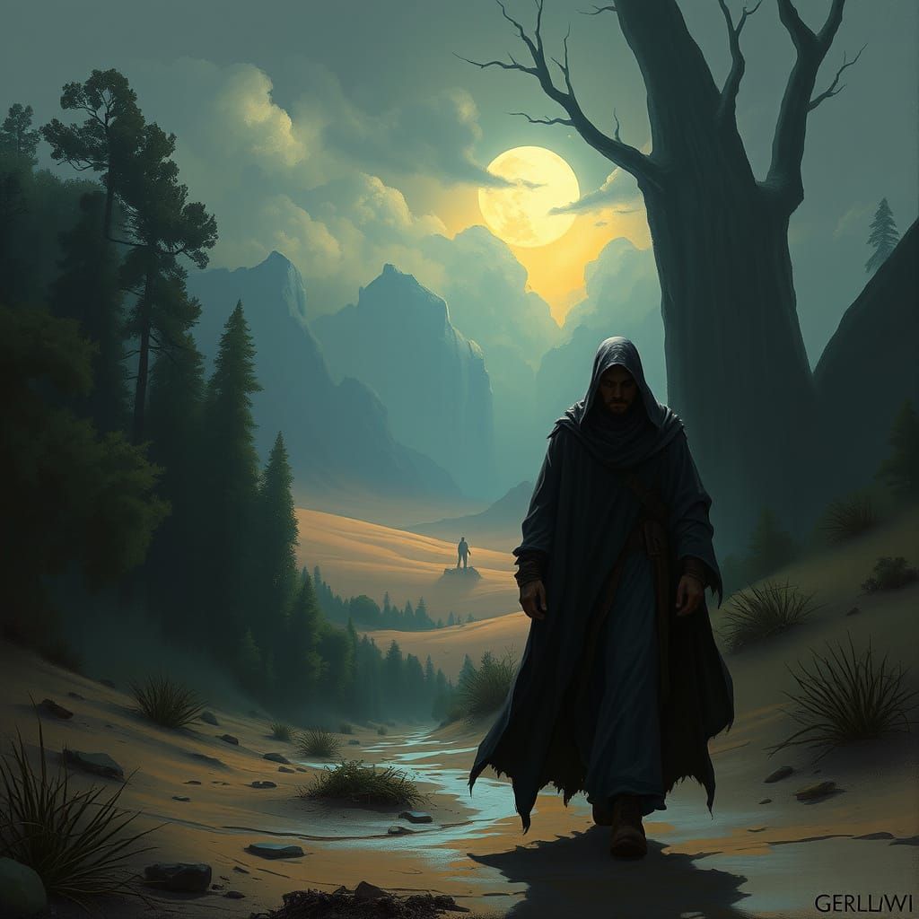 Figure Transforms Forest to Desert in Dramatic Fantasy Art