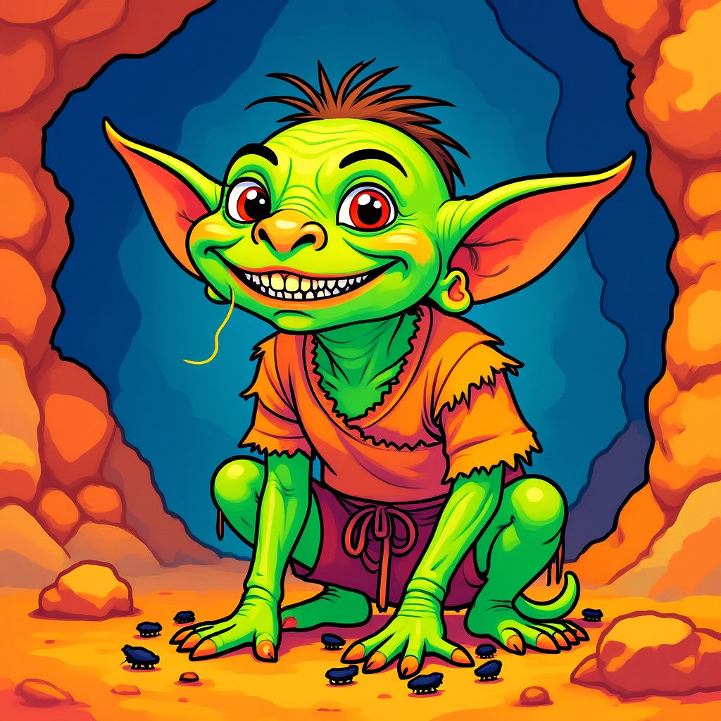 Comedic Goblin Eating Bugs in Jim Henson Style