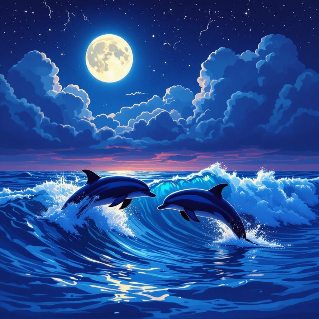 Dolphins Surfing Moonlit Waves in Dreamlike Seascape