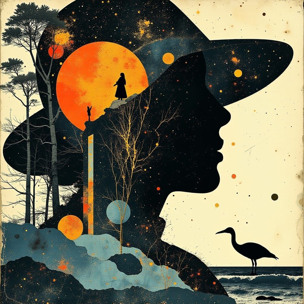 Woman's Silhouette Against Ethereal Galactic Landscape