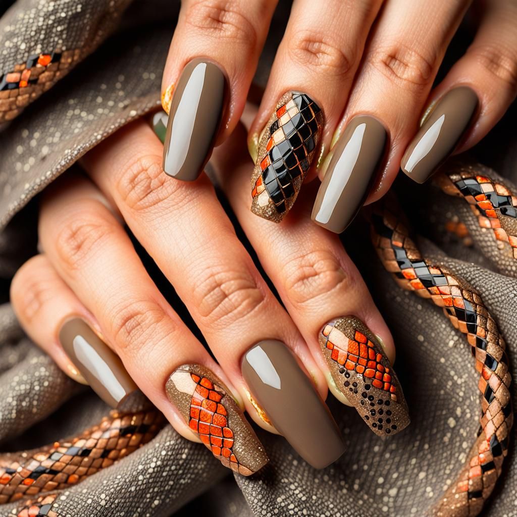 Autumn Snake Pattern Nail Art with Glitter Accents