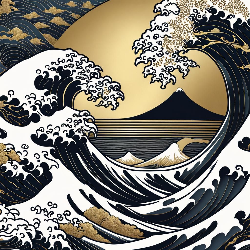 Epic Metal Great Wave Sculpture with Gold and Silver