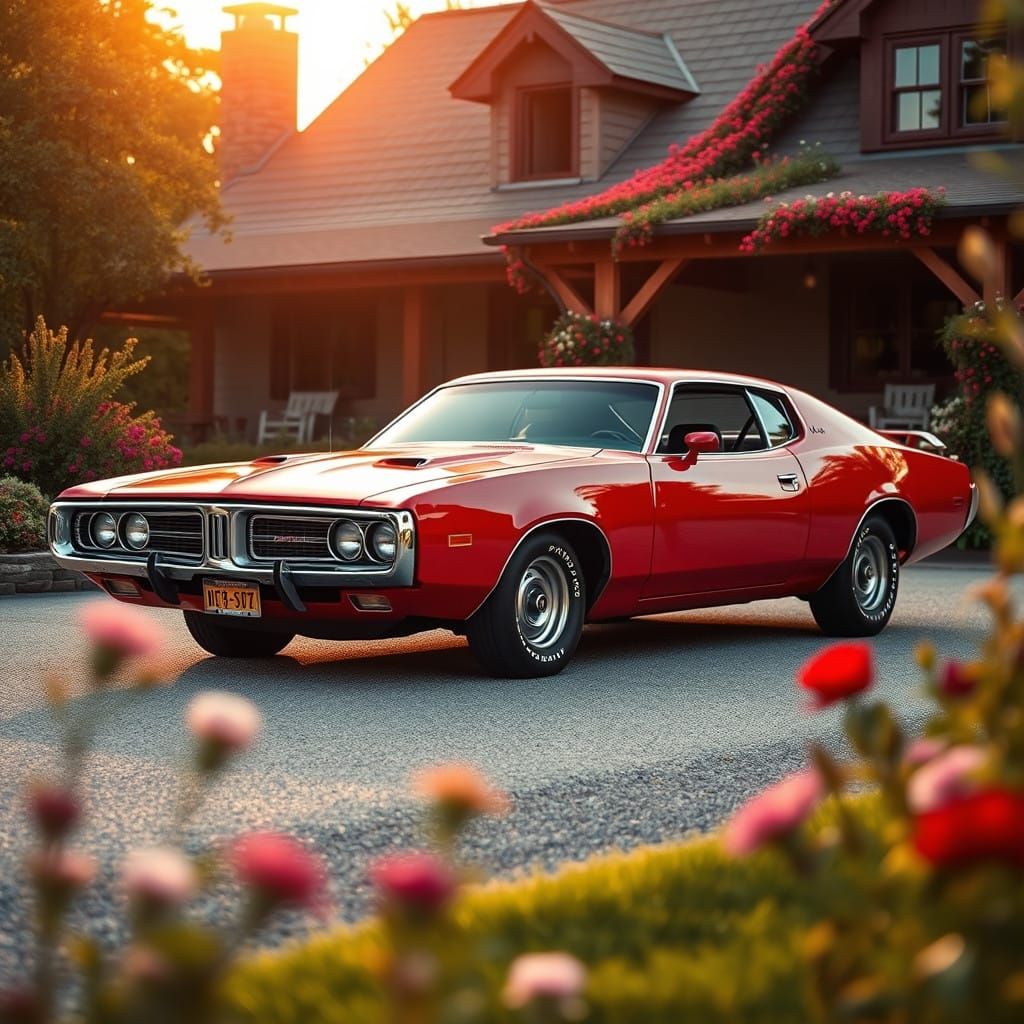 Classic Dodge Charger Parks Beside Rustic Country Home in Wa...