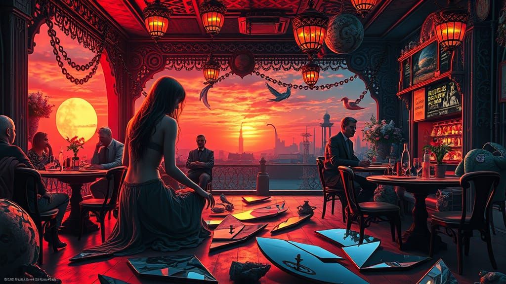 Surreal Cafe Scene with Time-Traveling Guests