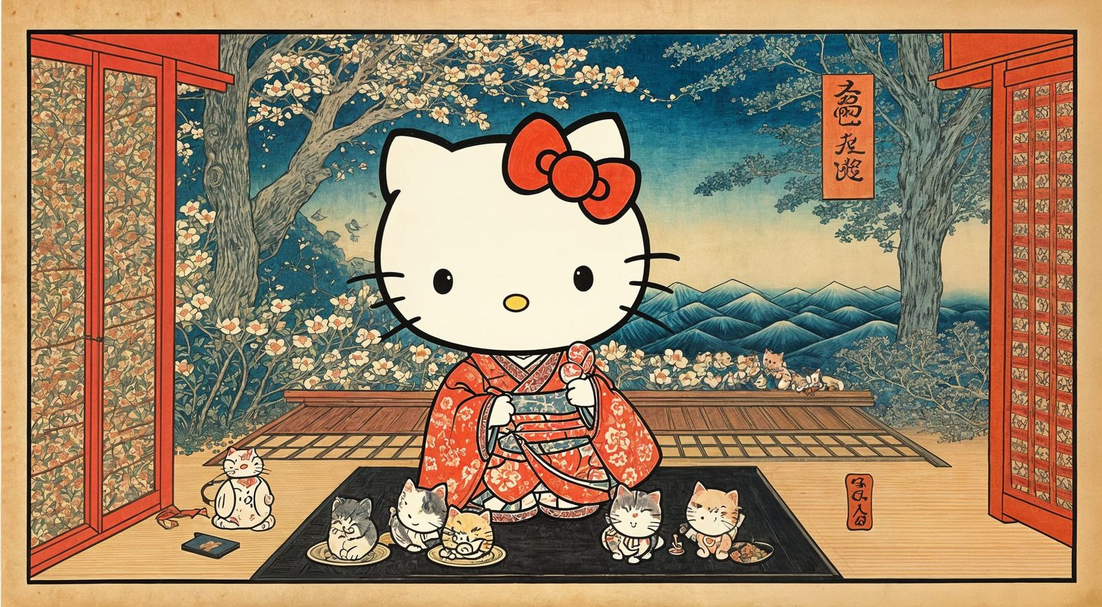 Hello Kitty Tea Ceremony in Ukiyo-e Style