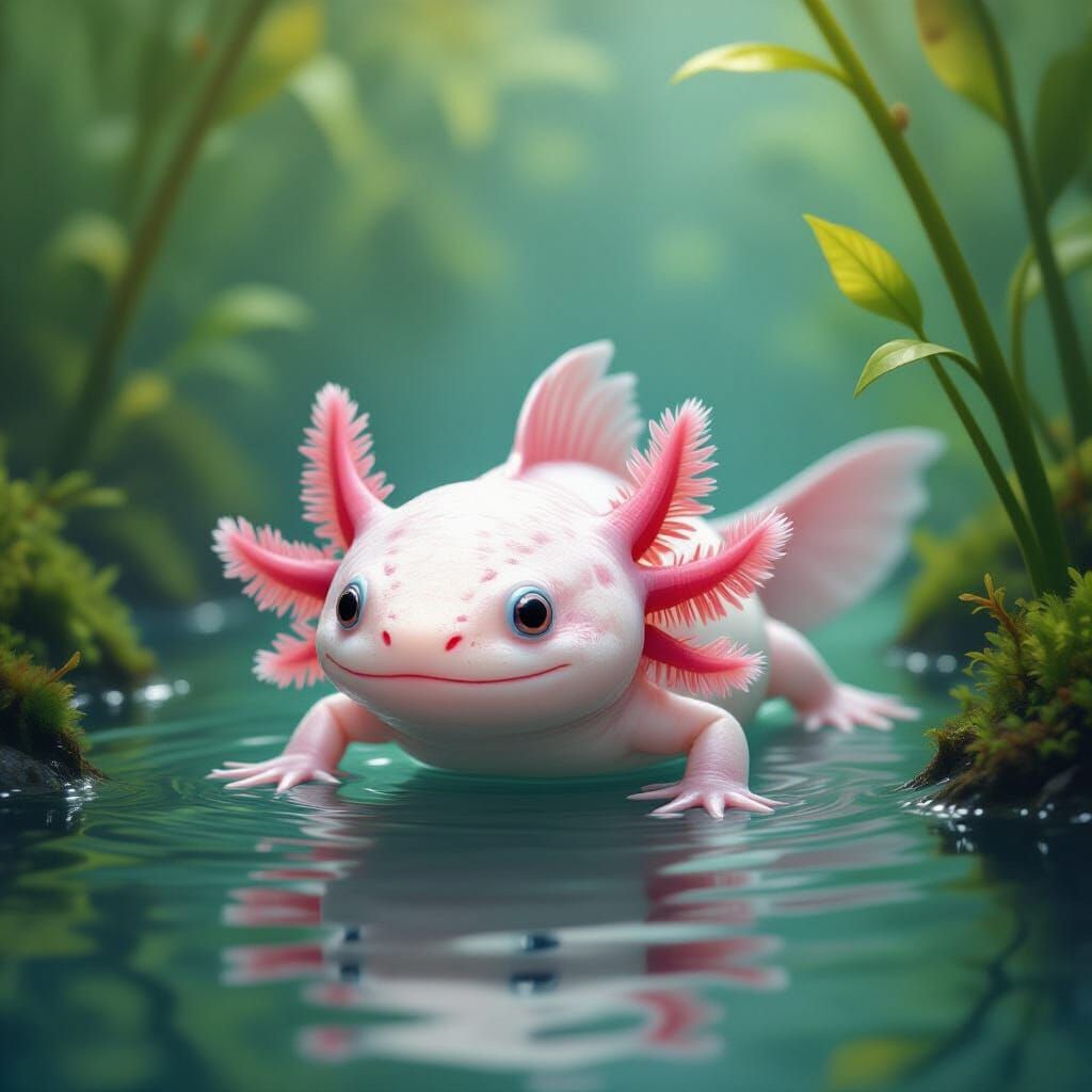 Hyperrealistic Axolotl in Crystalline Water, Digital Art