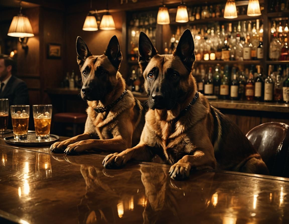 Belgian Malinois Enjoying Cocktails: Cinematic Film Still