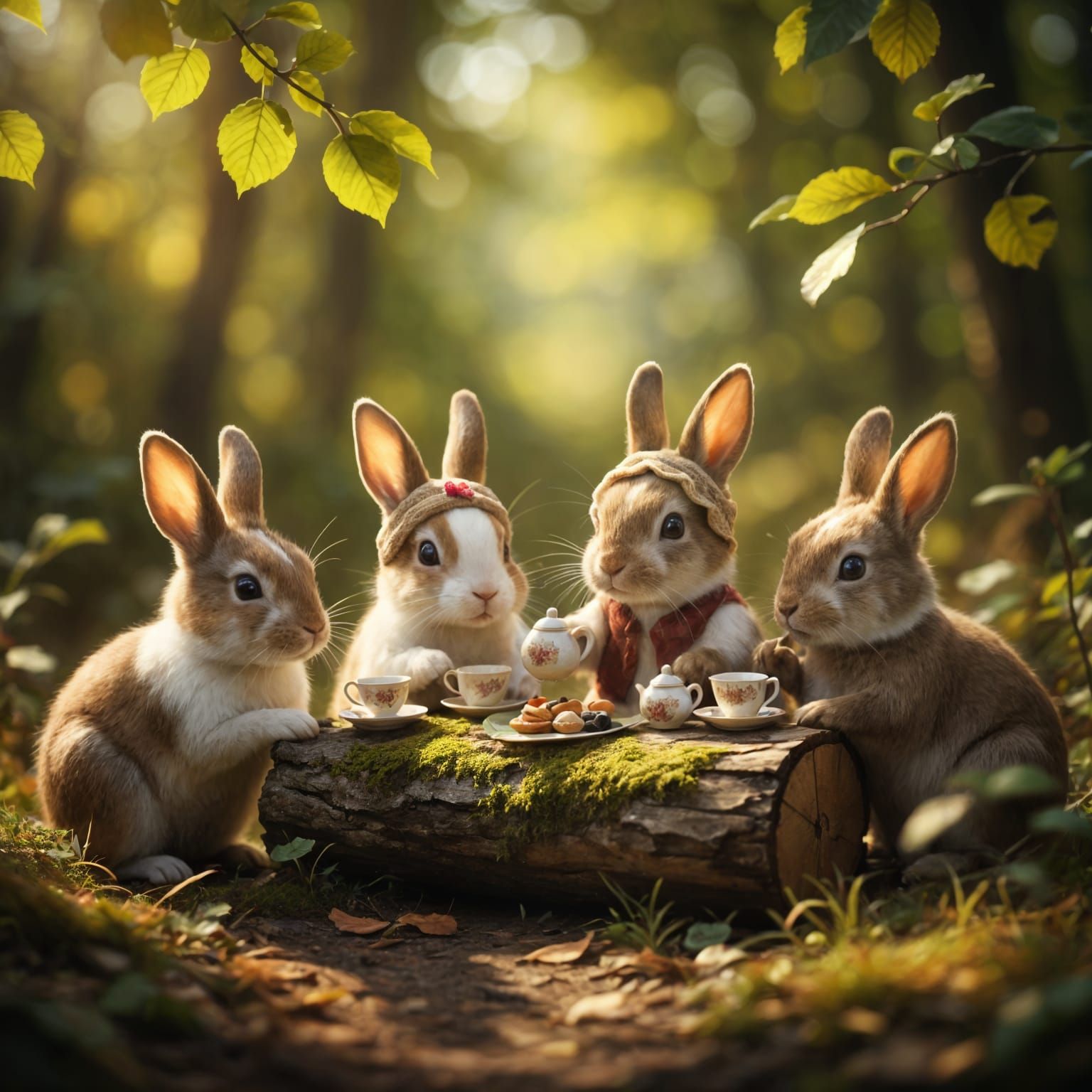 Whimsical Rabbit Tea Party in Sun-Dappled Woodland