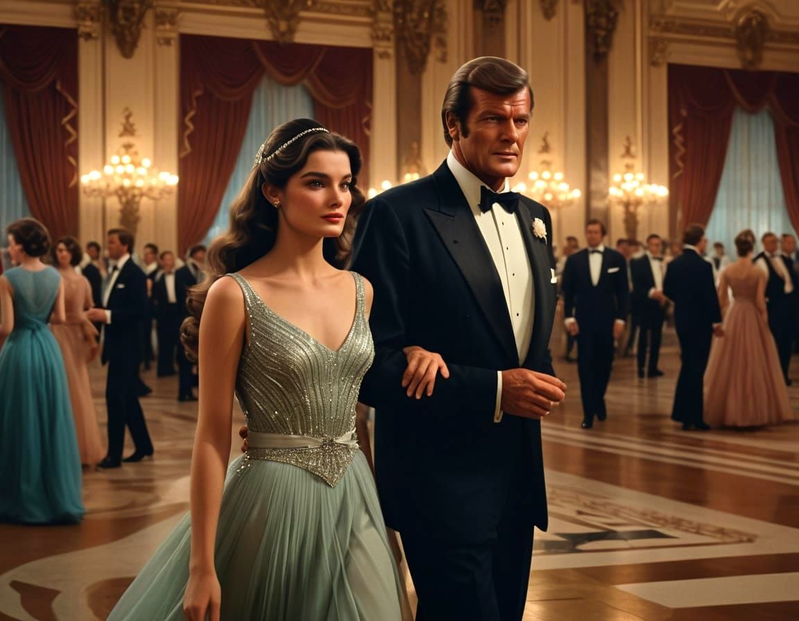 Actress Lyn Peters and Roger Moore in a Ballroom