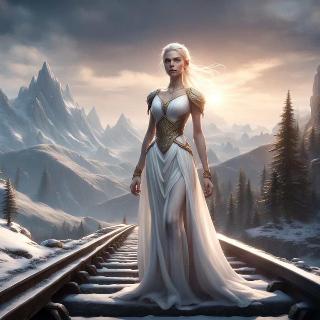 Snowy Mountain Elf in Flowing Dress, Digital Painting
