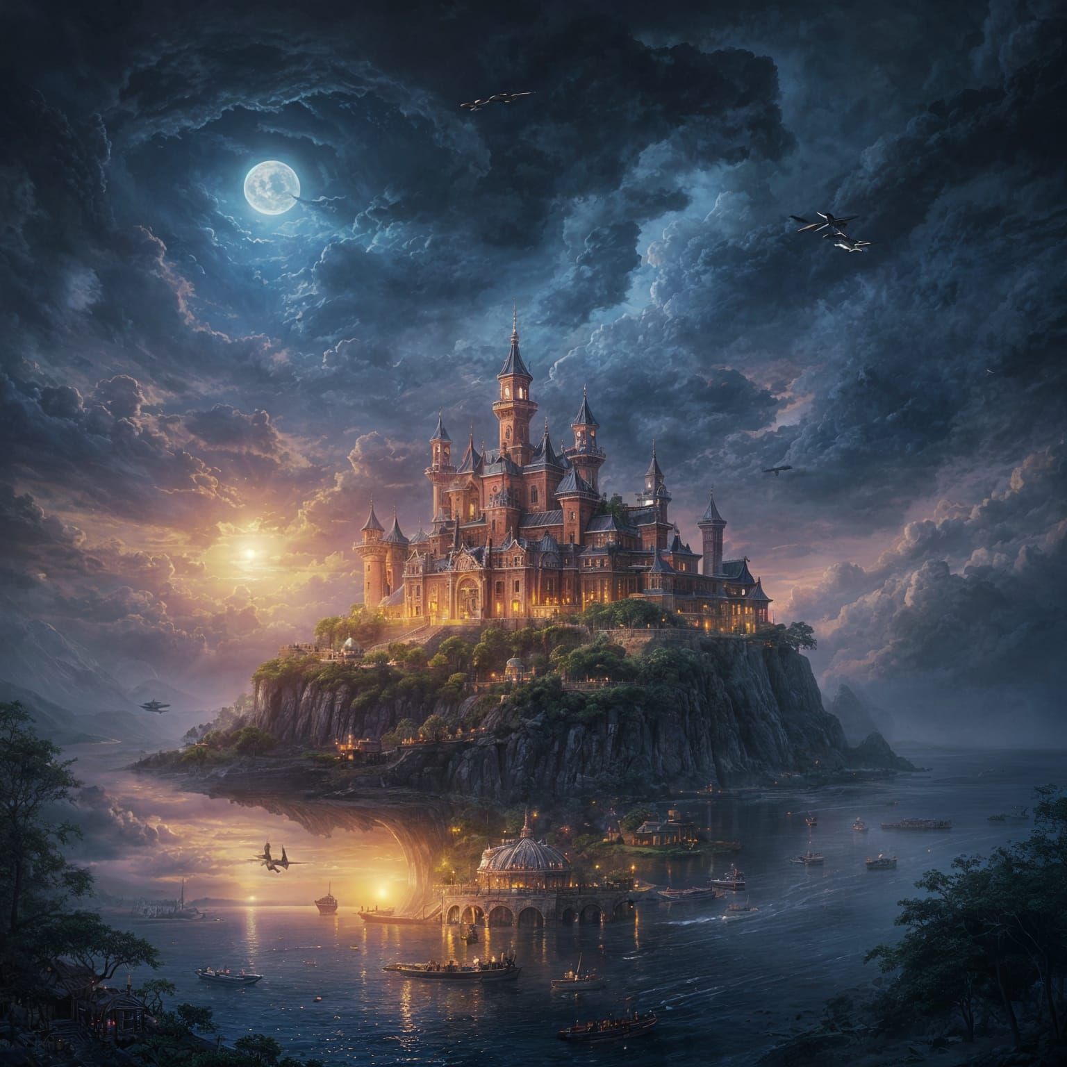 Fantasy Island Palace Hovering at Sunset with Boy on Crane