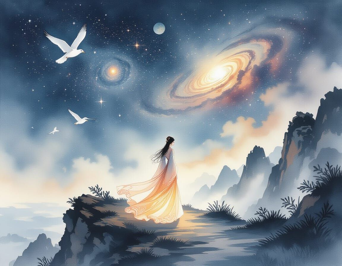 Starlit Cliffside Path: Chinese Ink Painting of Woman