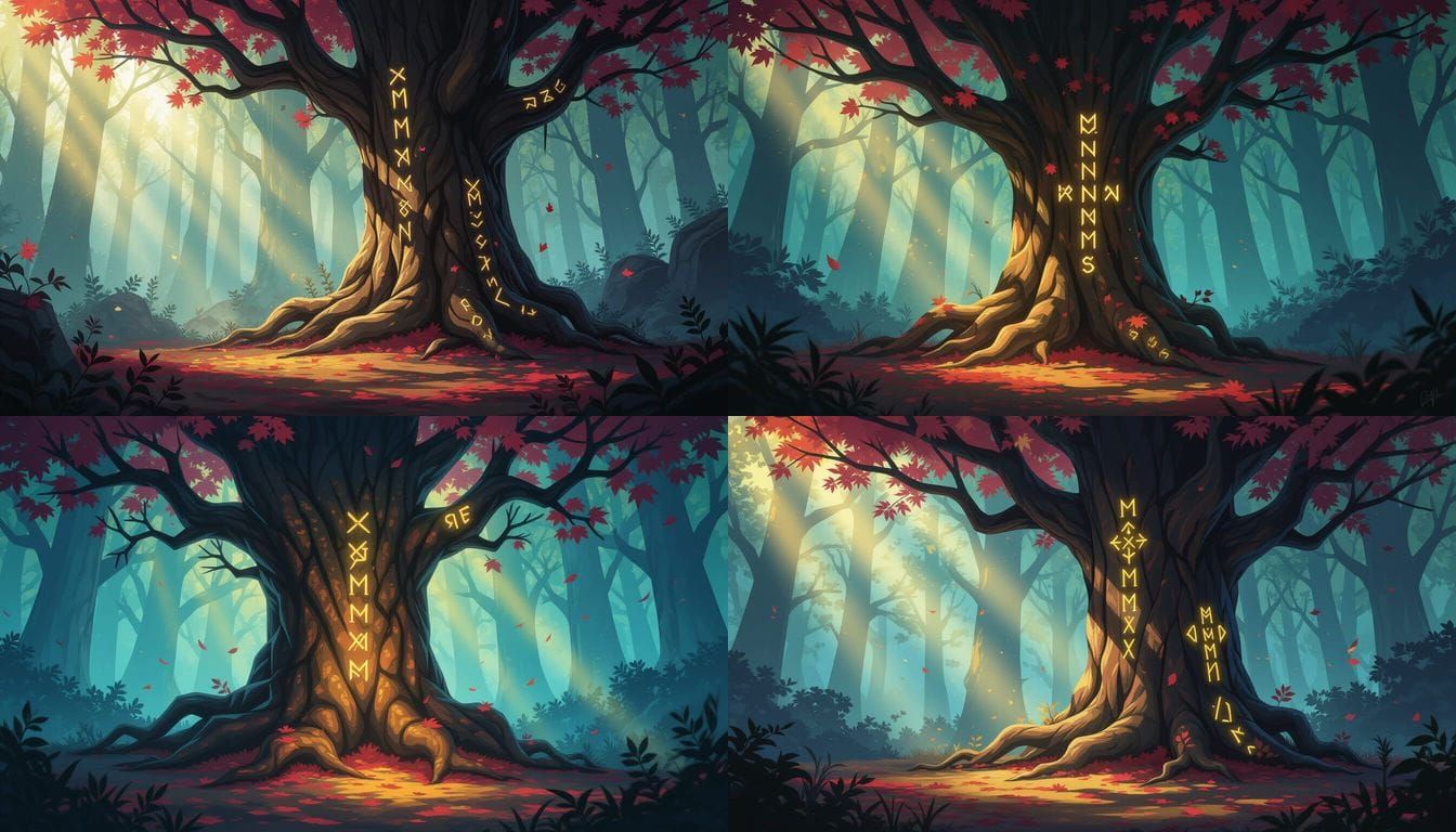 Ancient Tree With Glowing Runes in Misty Forest