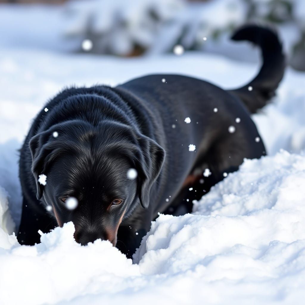 Black Labrador Digs in Snowy Fun