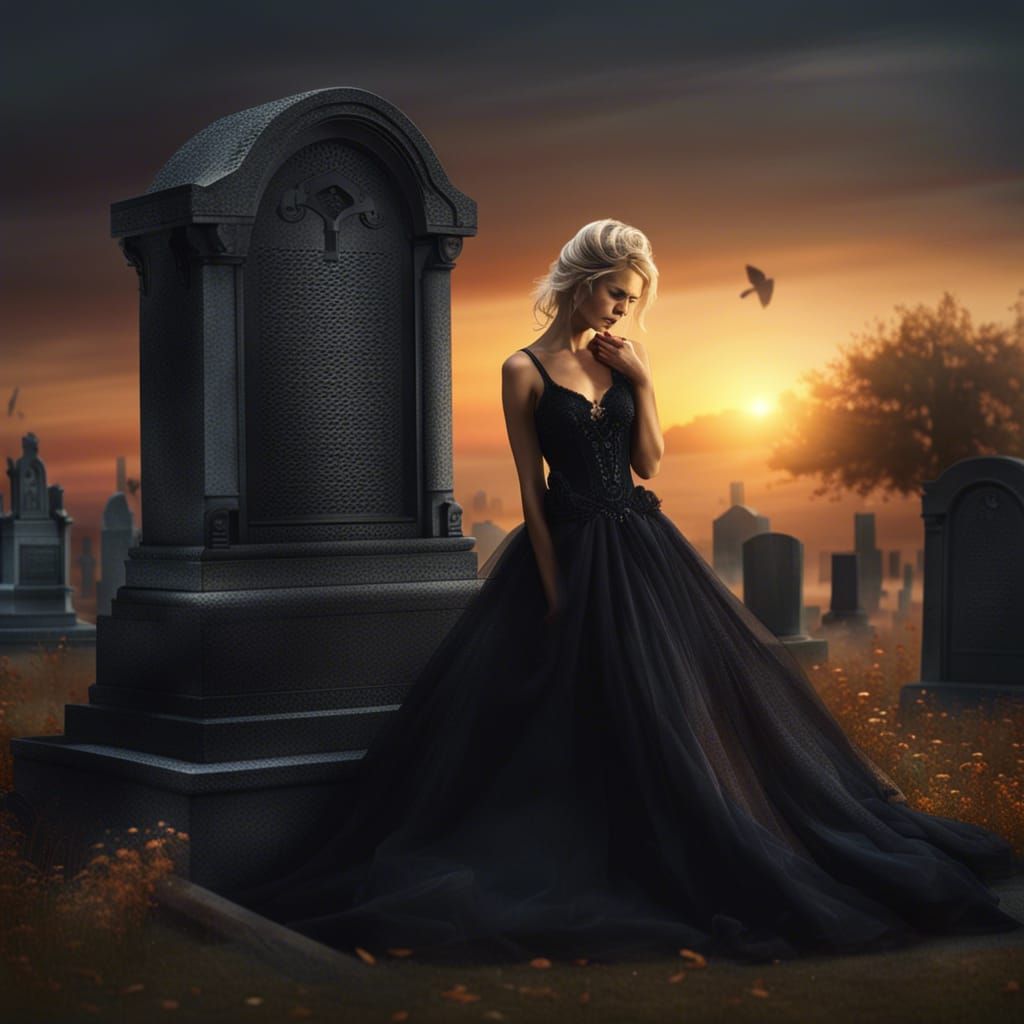 Mourning Woman in Black Dress at Sunset