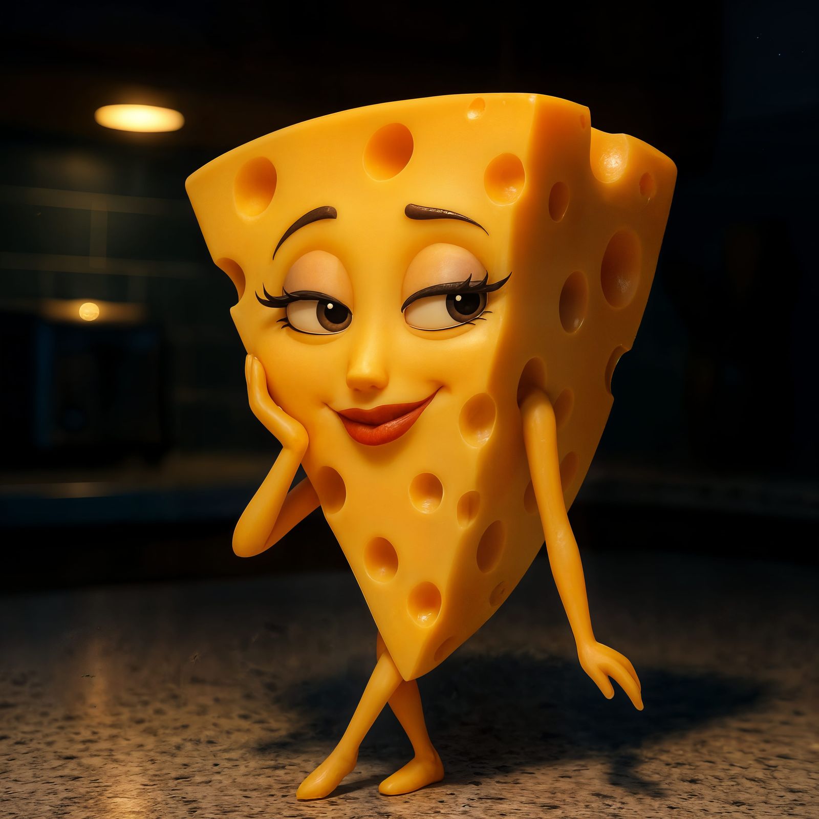 Flirtatious CGI Cheese Character in Kitchen