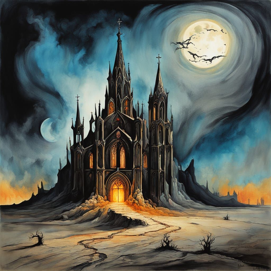 Melting Gothic Church in Surreal Moonlit Desert
