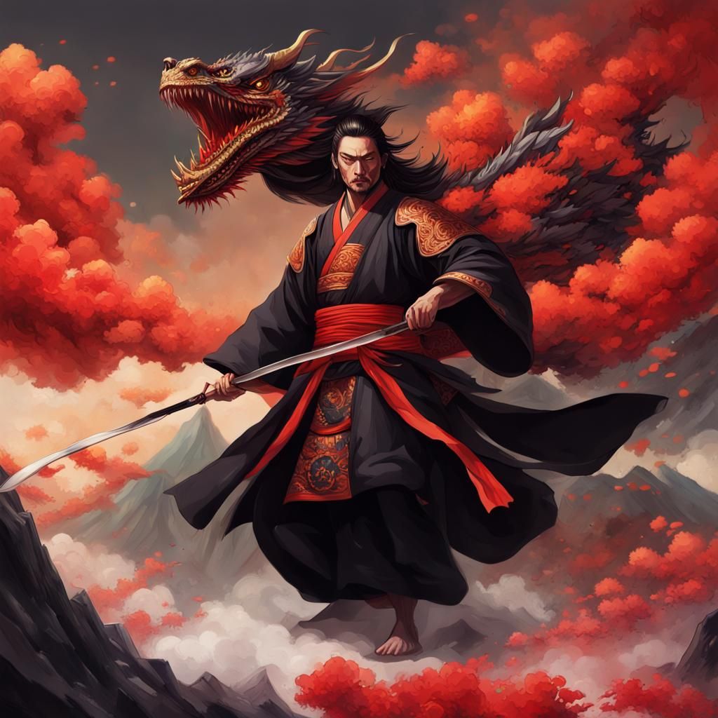 Samurai on Dragon Amidst Volcanic Flames