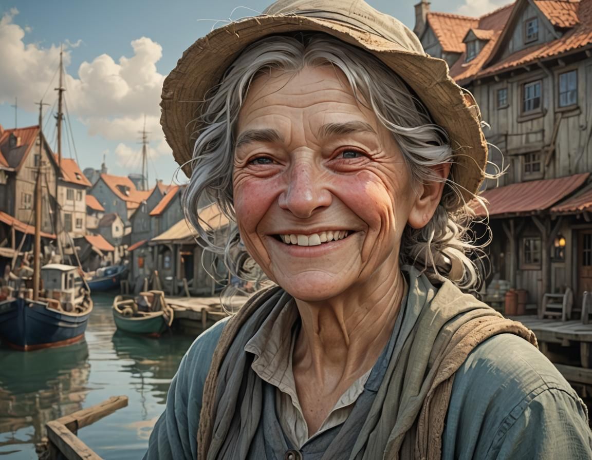 Fisherwoman Portrait in Naive Art Style