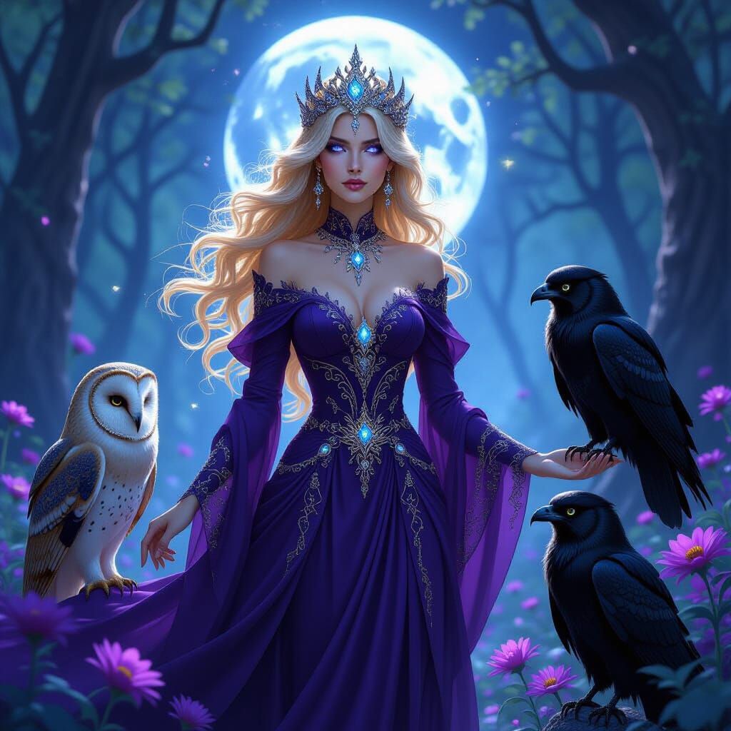 Sorceress in Moonlit Forest with Owl and Raven