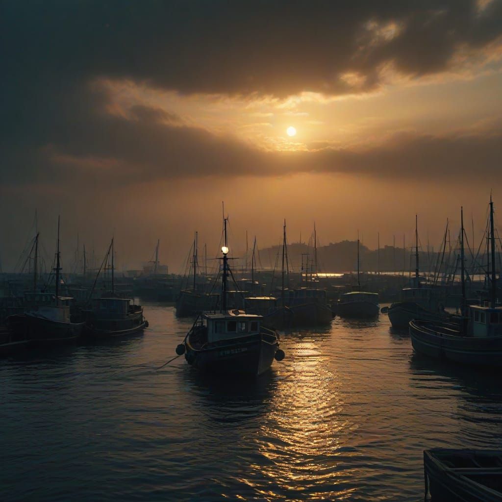 Coastal Harbor Sunrise with Fishing Boats and Market