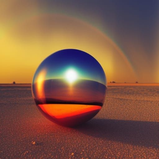A floating glass ball , in the desert, the rainbow ray in the clouds in the sky , sunset, centered, cinematic style