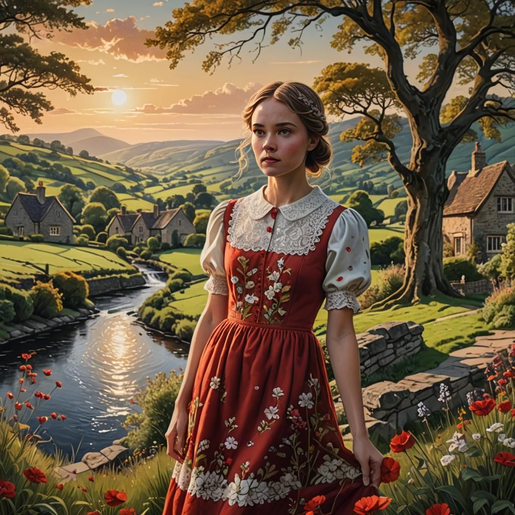 Cotswold Village Girl in Red Dress: Hyperrealistic Art