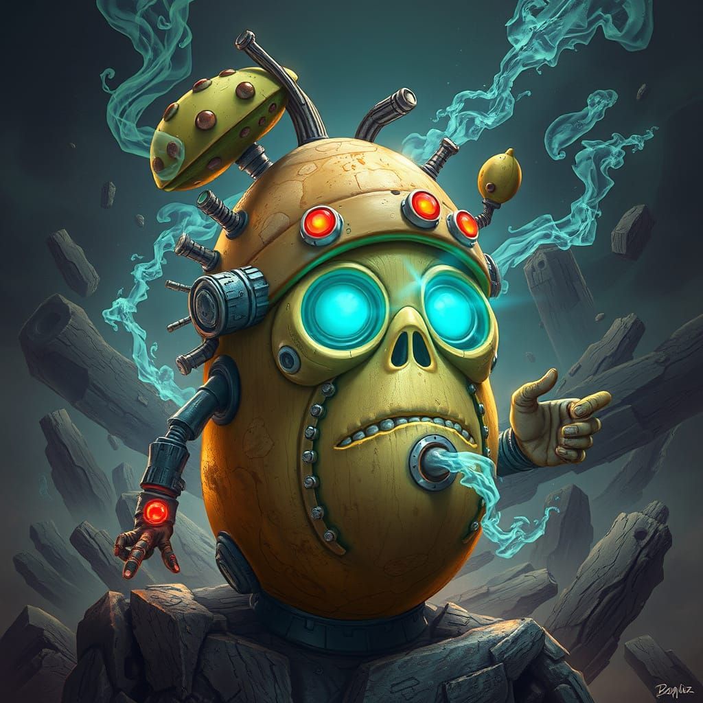 Cyberpunk Potato Cyborg: Bold & Magic Illustration