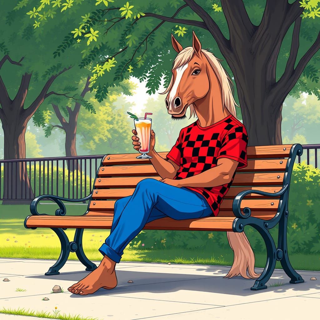 Centaur Man Sits on Park Bench Enjoying Vibrant Milkshake