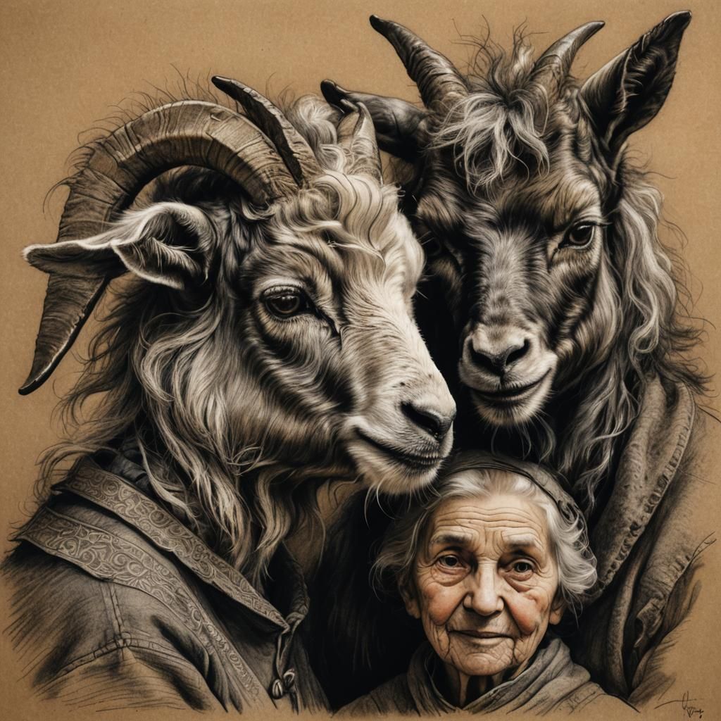 Emotive Charcoal Drawing of Goat and Grandmother