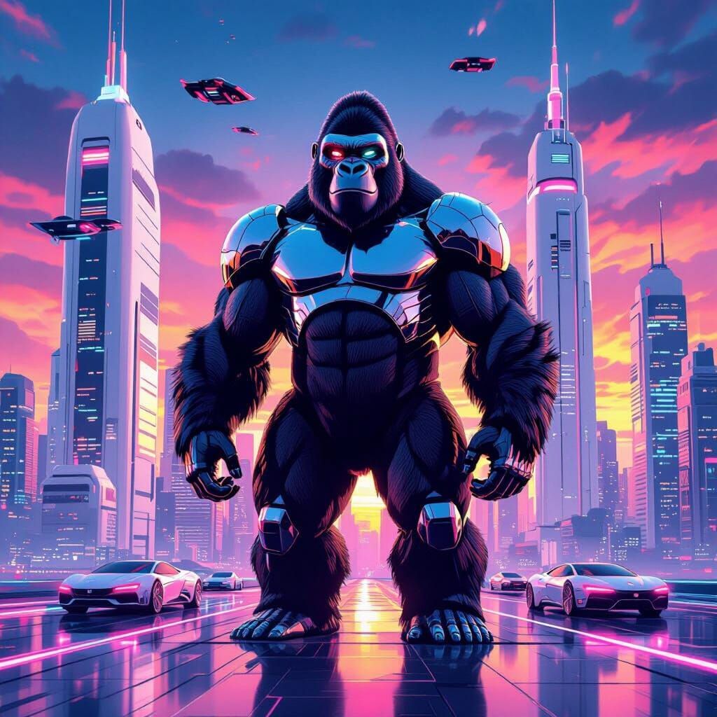 Synthwave Gorilla in a Neon Metropolis