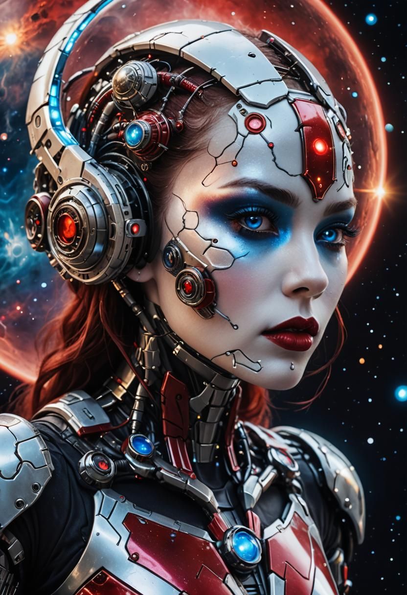 Cosmic Cyborg with Nebula Background and Bold Makeup