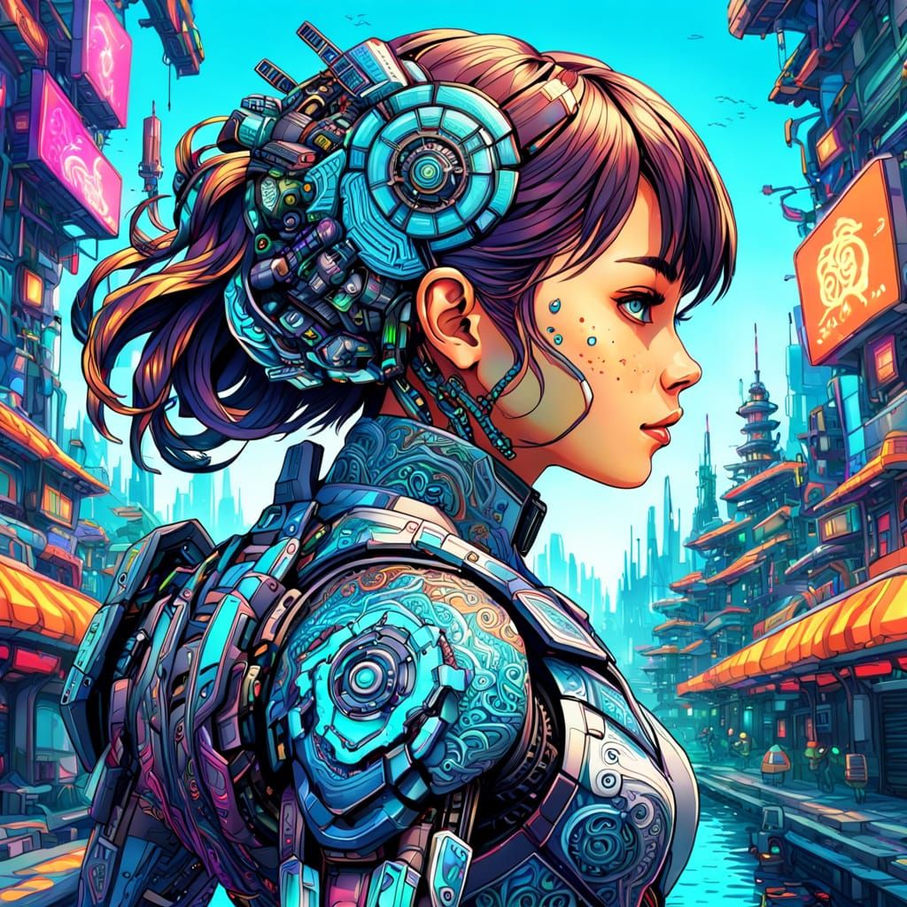 Woman in Zentangle Mecha with Neon Accents