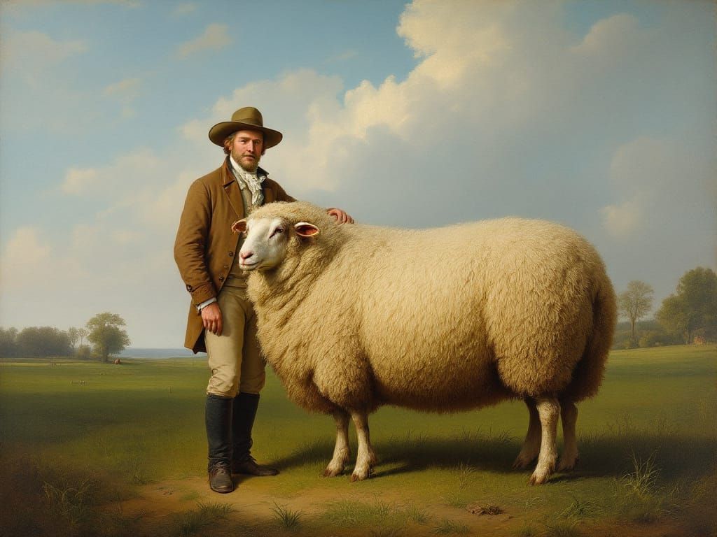 Prize Ram with Farmer in Pastoral Landscape