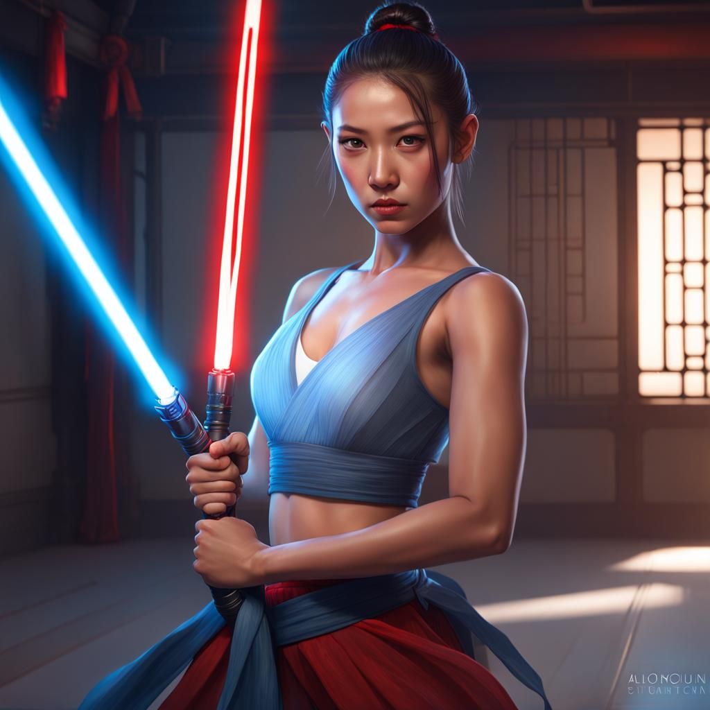 Asian Ballerina Jedi in Martial Arts Dojo