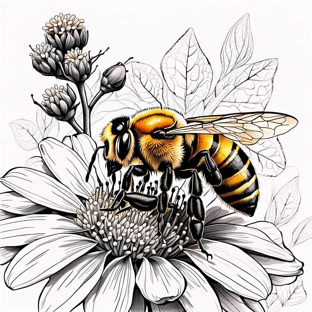 Bee Nectar Graphic Sketch in Macro Photography Style