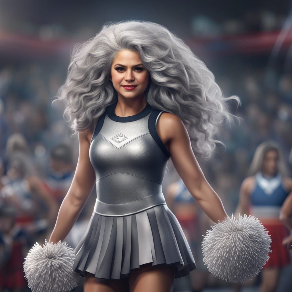 A gray haired older Selena Gomez 50 years old with long curly gray hair as a cheerleader wearing a cheerleader outfit