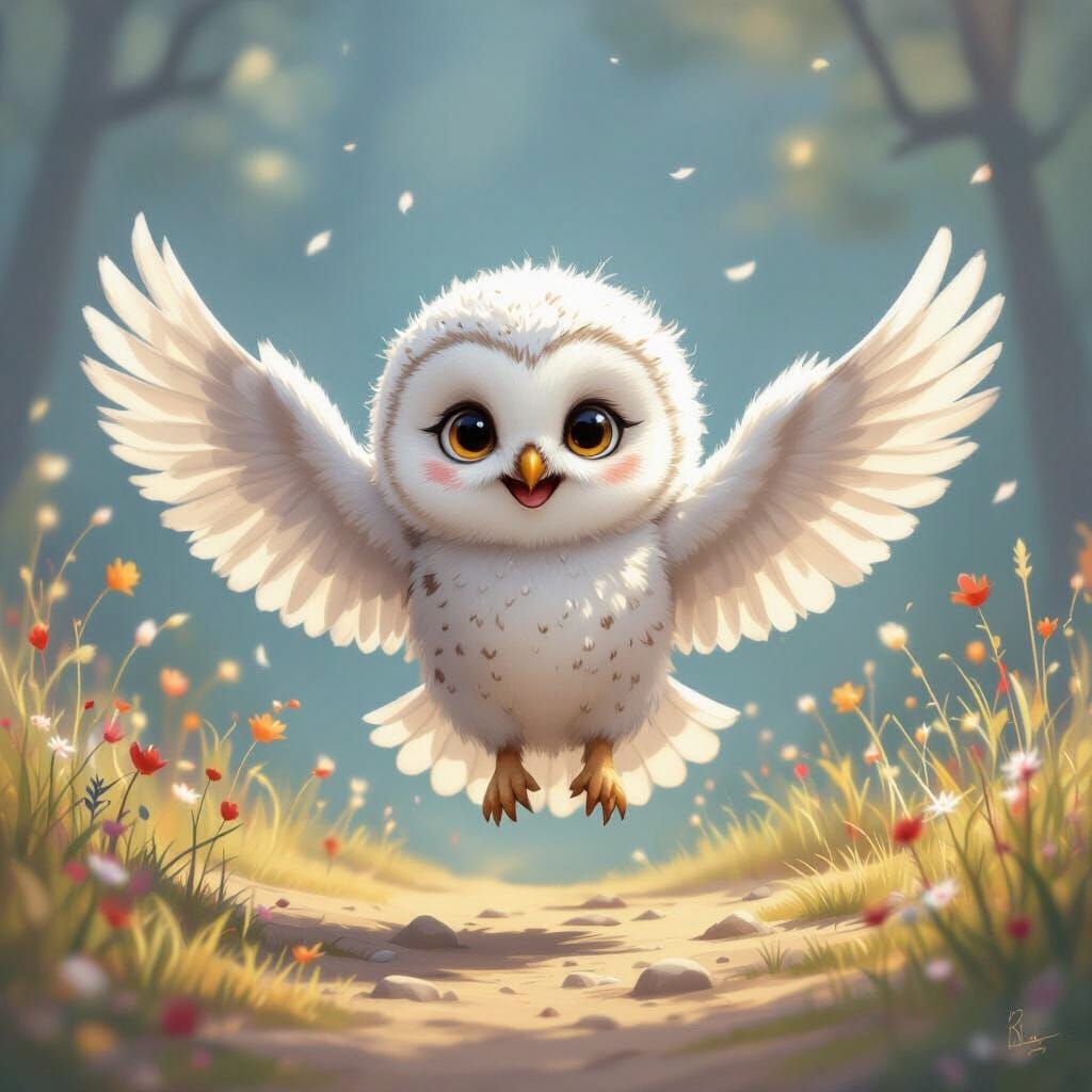 Whimsical Snowy Owl in Dreamy Landscape